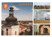 KROSNO - wiea farna i fragment Rynku, Panorama miasta od NE, kopalnia ropy naftowej, podcienia S pierzei Rynku; FOT: R. Barski; WYD: Ruthenus - Krosno 1998